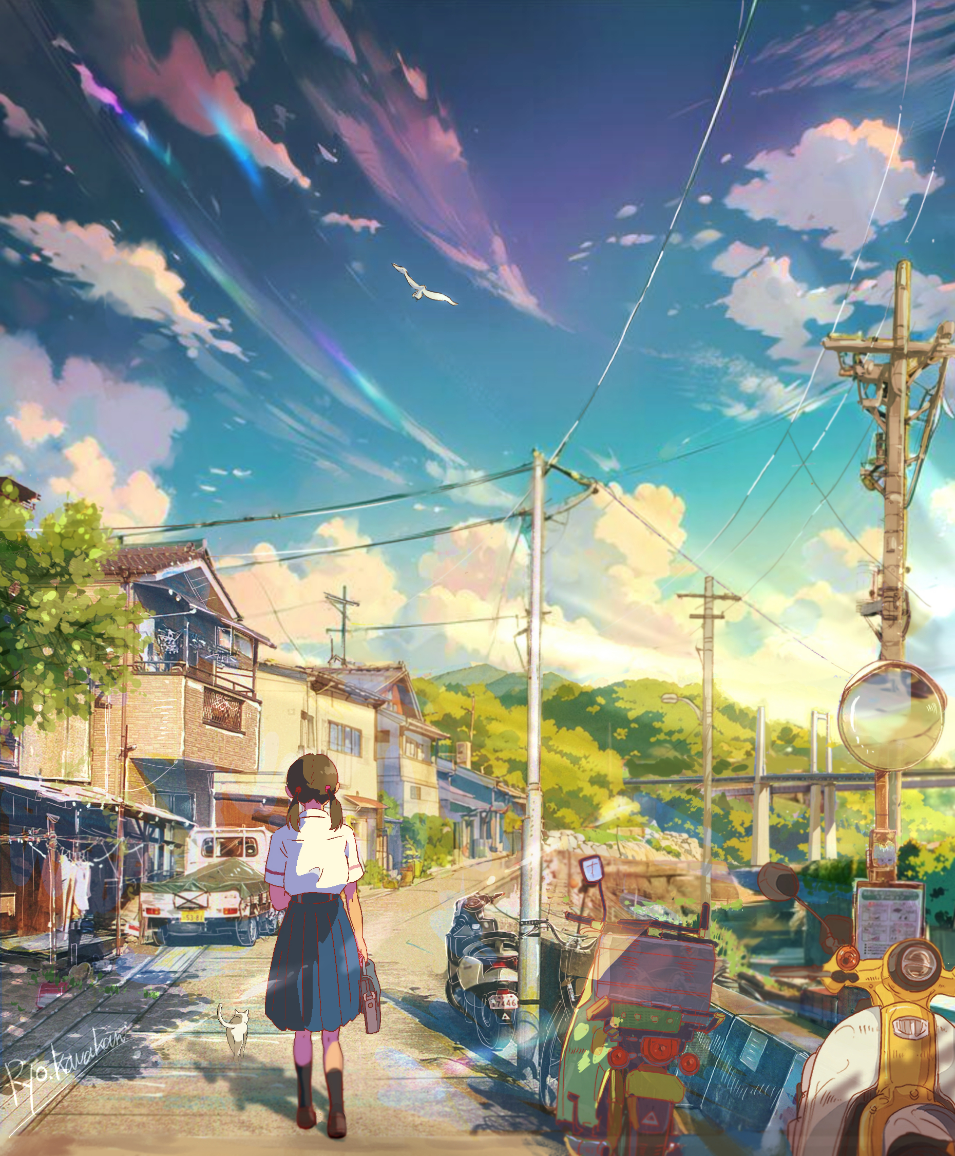 ryowelcome1, original, commentary request, highres, 1girl, bag, black socks, blue skirt, blue sky, bridge, building, cable-stayed bridge, cloud, house, kei truck, moped, motor vehicle, mountainous horizon, outdoors, pickup truck, power lines, radio antenna, scenery, school bag, school uniform, shirt, short hair, sideways glance, signature, skirt, sky, socks, solo, tree, truck, utility pole, vanishing point, walking, white shirt