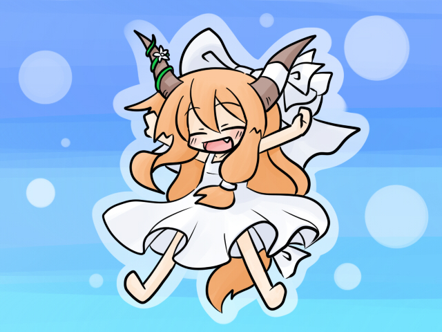 yanagi (nurikoboshi), ibuki suika, touhou, 1girl, barefoot, blush, chibi, closed eyes, dress, fang, female focus, gradient background, hair ribbon, horns, long hair, orange hair, ribbon, solo, sundress, white dress