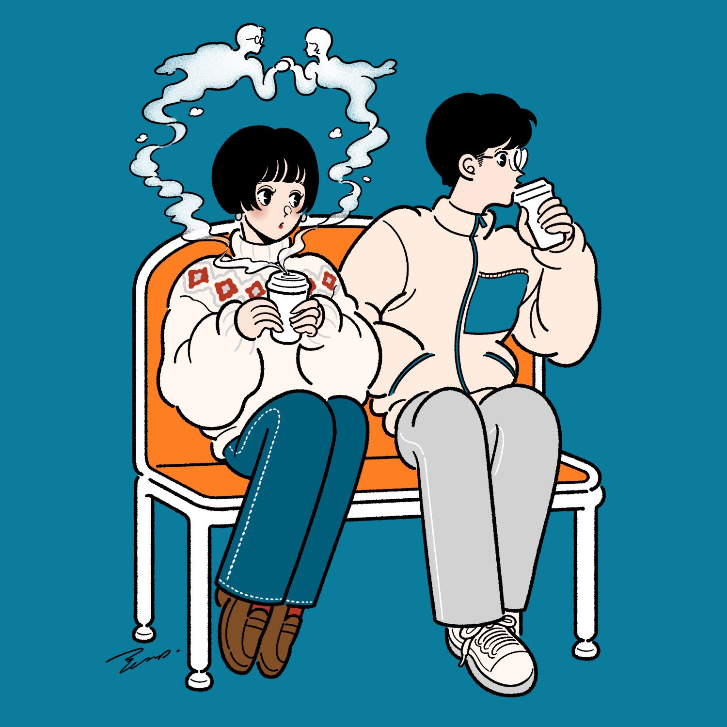 3kaku illust, original, highres, 1boy, 1girl, bench, black eyes, black hair, blue background, blush, cup, denim, disposable coffee cup, disposable cup, drinking, earrings, full body, grey pants, heart, jeans, jewelry, legs together, loafers, looking at another, looking to the side, on bench, pants, red lips, red socks, round eyewear, shoes, short hair, simple background, sitting, socks, sphere earrings, steam, steaming cup, sweater, turtleneck, white shoes, white sweater, zipper, zipper pull tab