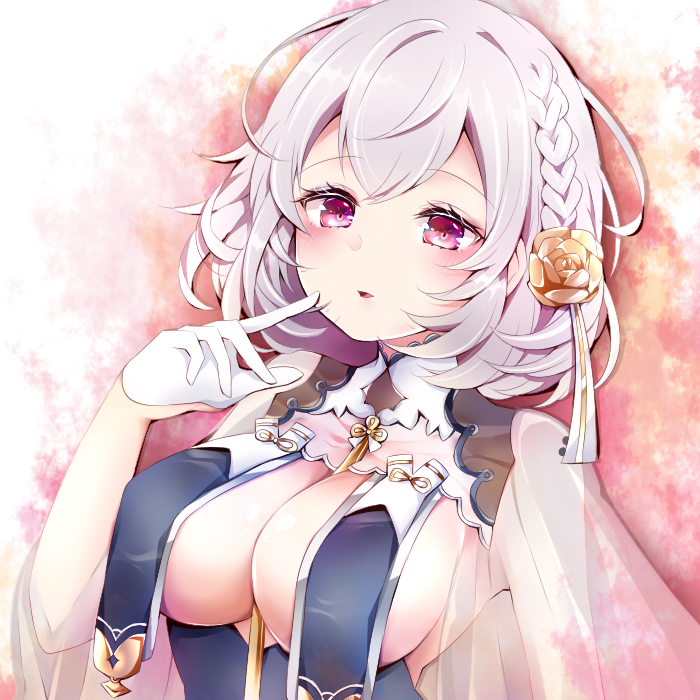 haruko mugi, sirius (azur lane), sirius (azure horizons) (azur lane), azur lane, commentary, 1girl, breast curtains, breasts, china dress, chinese clothes, cleavage, dress, gloves, grey dress, hair between eyes, half gloves, large breasts, looking at viewer, medium hair, official alternate costume, ribbon between breasts, see-through clothes, see-through sleeves, sideboob, solo, upper body, white gloves, white hair