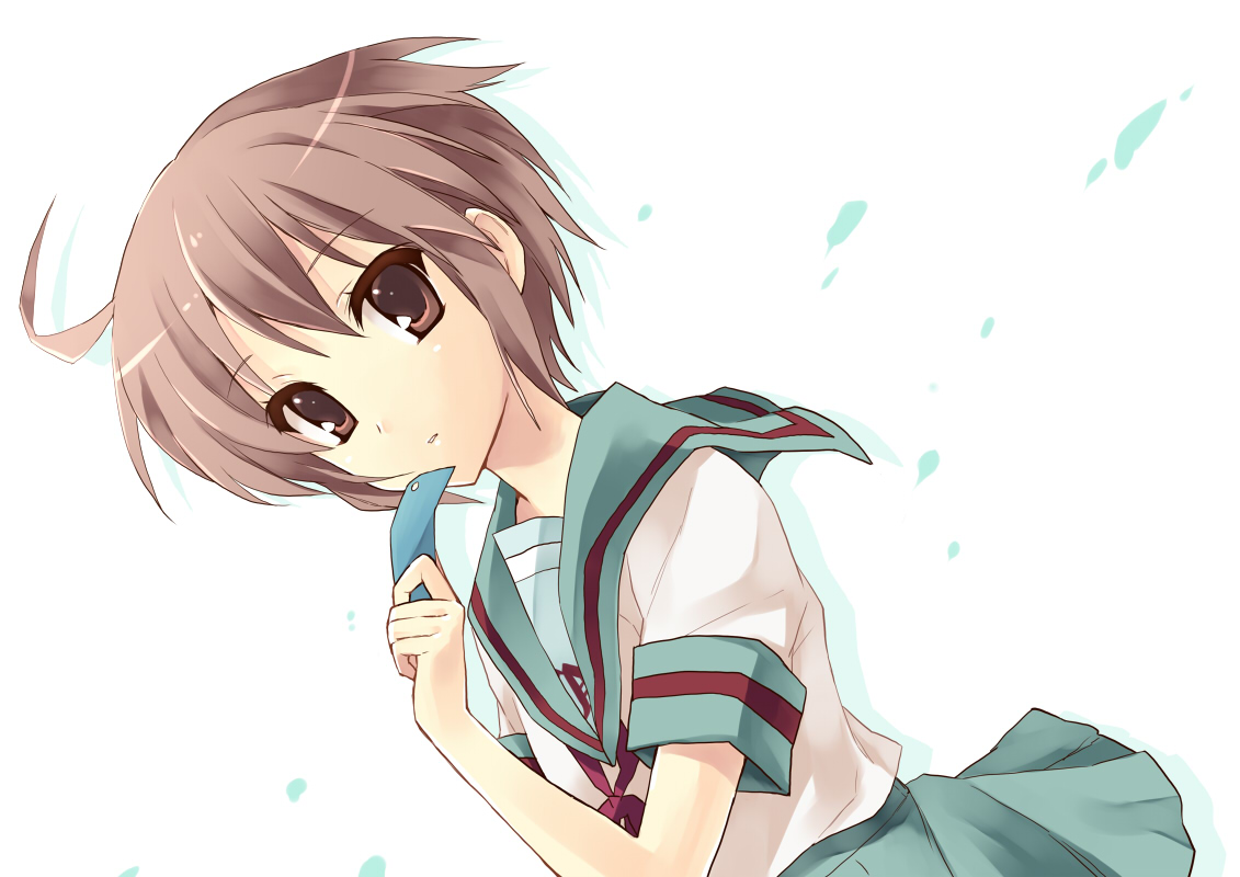hijiki (hijikini), hijikini, nagato yuki, suzumiya haruhi no yuuutsu, bad id, bad pixiv id, 00s, 1girl, brown eyes, female focus, purple hair, school uniform, serafuku, short hair, solo