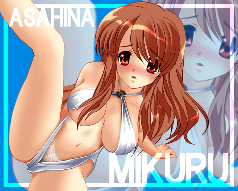 blackjunk, asahina mikuru, suzumiya haruhi no yuuutsu, 00s, 1girl, blush, breasts, brown hair, criss-cross halter, female focus, halterneck, large breasts, long hair, pretzel bikini, slingshot swimsuit, solo, spread legs, swimsuit, zoom layer