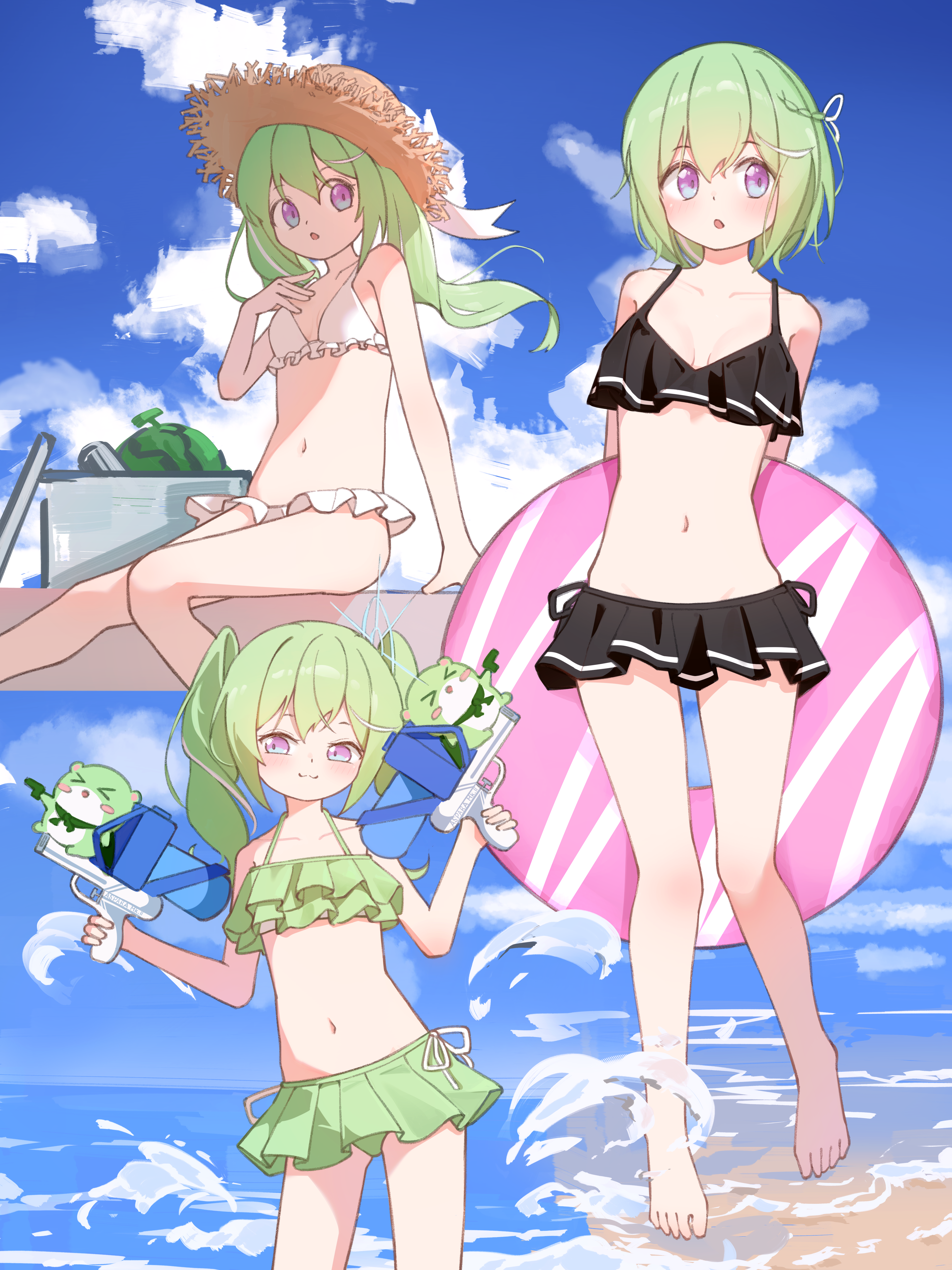 electromocha, chico (yuzuha riko), yuzuha riko, stellive, absurdres, commentary request, highres, korean commentary, 1girl, :3, :o, arm support, arms behind back, beach, bikini, bikini skirt, black bikini, blue sky, blush, breasts, closed mouth, collarbone, day, floating hair, frilled bikini, frills, green bikini, green hair, hair between eyes, hand up, hat, holding, holding water gun, innertube, long bangs, long hair, medium breasts, medium hair, multiple views, navel, outdoors, parted lips, purple eyes, ruffle bikini, short hair, sitting, sky, standing, stomach, straw hat, swim ring, swimsuit, twintails, virtual youtuber, water gun, white bikini