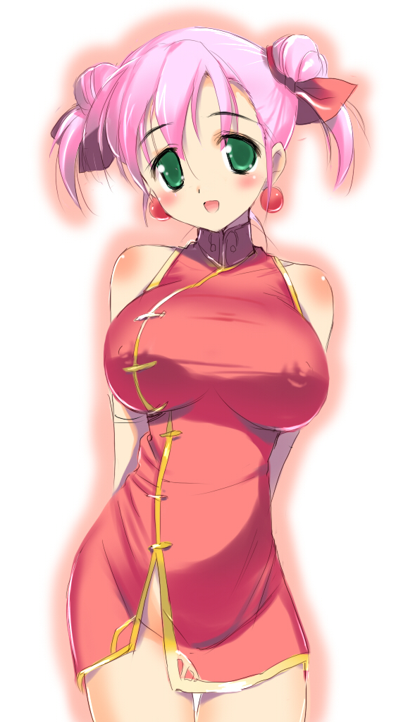 hima, lenna charlotte tycoon, monk (final fantasy), final fantasy, final fantasy v, source request, 1990s (style), 1girl, arms behind back, bare shoulders, blush, breasts, china dress, chinese clothes, cleavage, covered erect nipples, double bun, dress, earrings, female focus, green eyes, hair bun, happy, jewelry, large breasts, monk, nipples, no panties, pink hair, retro artstyle, short hair, smile, solo