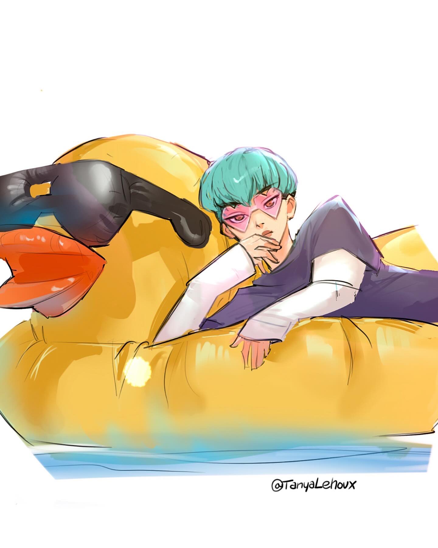 tanya lehoux, baby (kpop demon hunters), kpop demon hunters, commentary, english commentary, highres, 1boy, aqua hair, closed mouth, heart, heart-shaped eyewear, innertube, long sleeves, looking at viewer, lying, male focus, solo, swim ring, twitter username