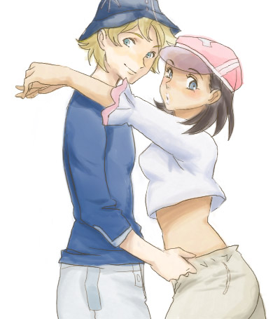 gidget, moondoggie, eureka seven, eureka seven (series), lowres, 00s, 1boy, 1girl, blonde hair, blue eyes, blush, brown hair, couple, dark skin, hat, hetero, hug, lips, midriff, simple background, tan