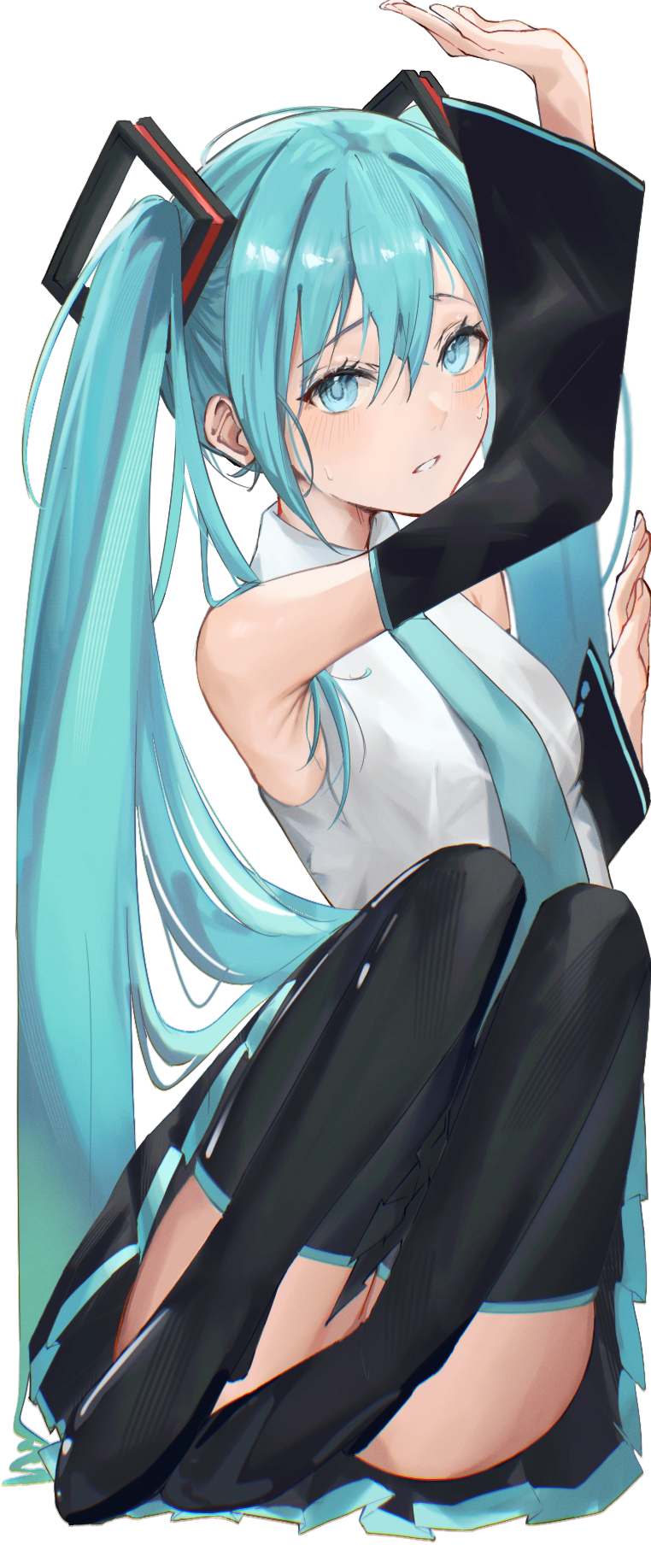 tsui (dfjw5724), hatsune miku, vocaloid, highres, 1girl, aqua eyes, aqua hair, aqua necktie, aqua trim, armpits, arms up, black skirt, boots, collared shirt, hair between eyes, hair ornament, long hair, looking at viewer, necktie, open mouth, pleated skirt, shirt, simple background, sitting, skirt, sleeveless, sleeveless shirt, solo, thigh boots, thighhighs, twintails, very long hair, white background, white shirt, zettai ryouiki