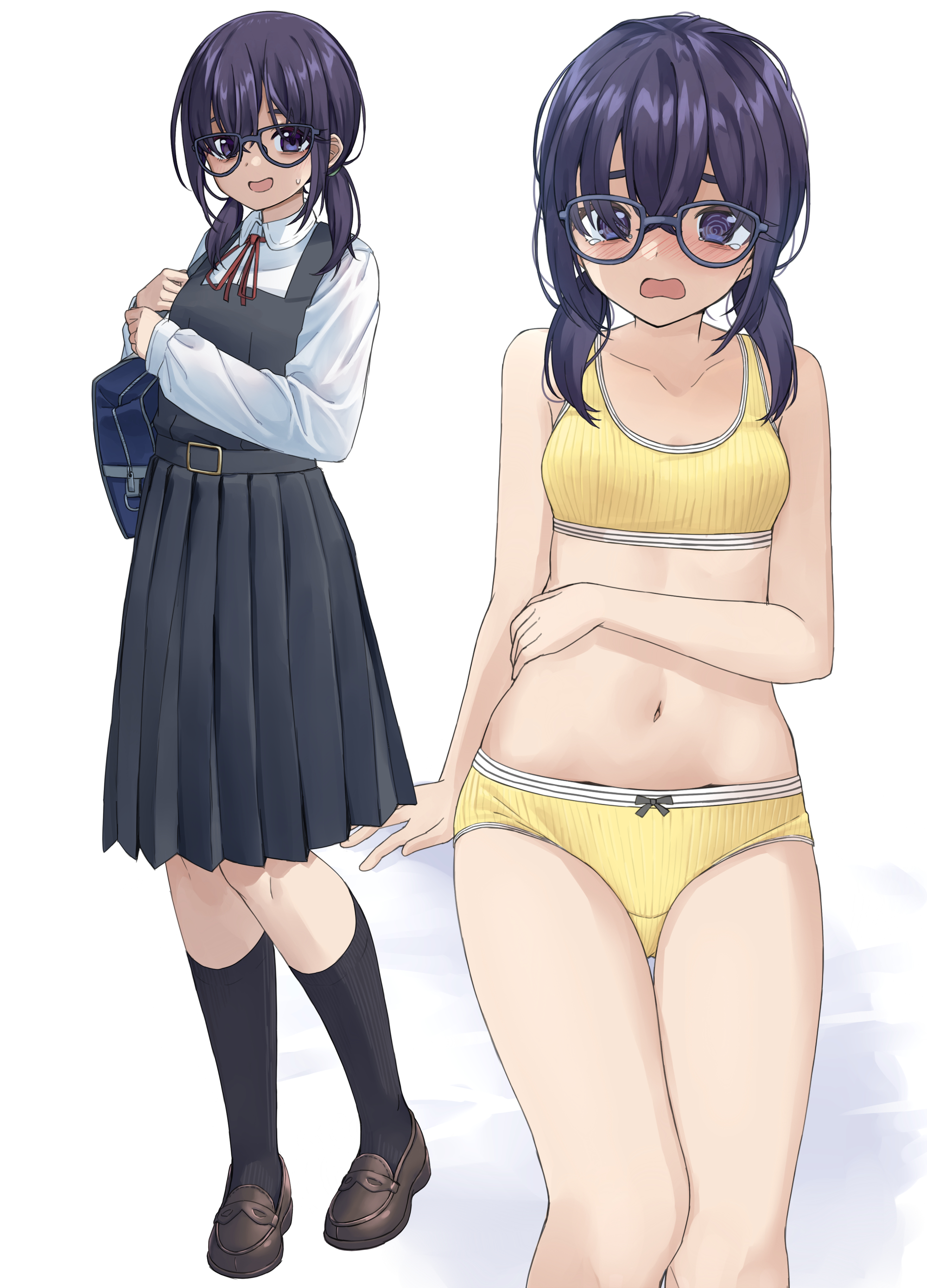 sekira ame, original, absurdres, commentary request, highres, 1girl, @ @, bare arms, bare shoulders, black socks, blush, bow, bow panties, bra, breasts, brown shoes, collarbone, collared shirt, crotch seam, dress, glasses, grey-framed eyewear, hair over shoulder, jimiko, loafers, long sleeves, low twintails, multiple views, navel, neck ribbon, open mouth, panties, pinafore dress, pleated dress, puffy long sleeves, puffy sleeves, purple eyes, purple hair, red ribbon, ribbon, shadow, shirt, shoes, sitting, sleeveless, sleeveless dress, sleeves past wrists, small breasts, smile, socks, standing, tears, twintails, underwear, underwear only, wavy mouth, white background, white shirt, yellow bra, yellow panties