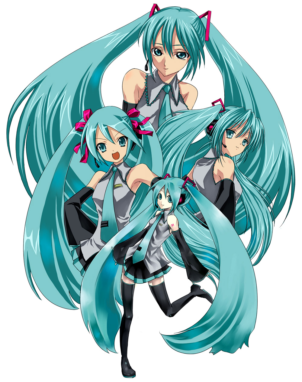 nekoso, hatsune miku, clannad, code geass, suzumiya haruhi no yuuutsu, vocaloid, bad id, bad pixiv id, highres, 4girls, aqua eyes, aqua hair, detached sleeves, headset, long hair, multiple girls, necktie, parody, skirt, style parody, thighhighs, twintails, very long hair, zettai ryouiki