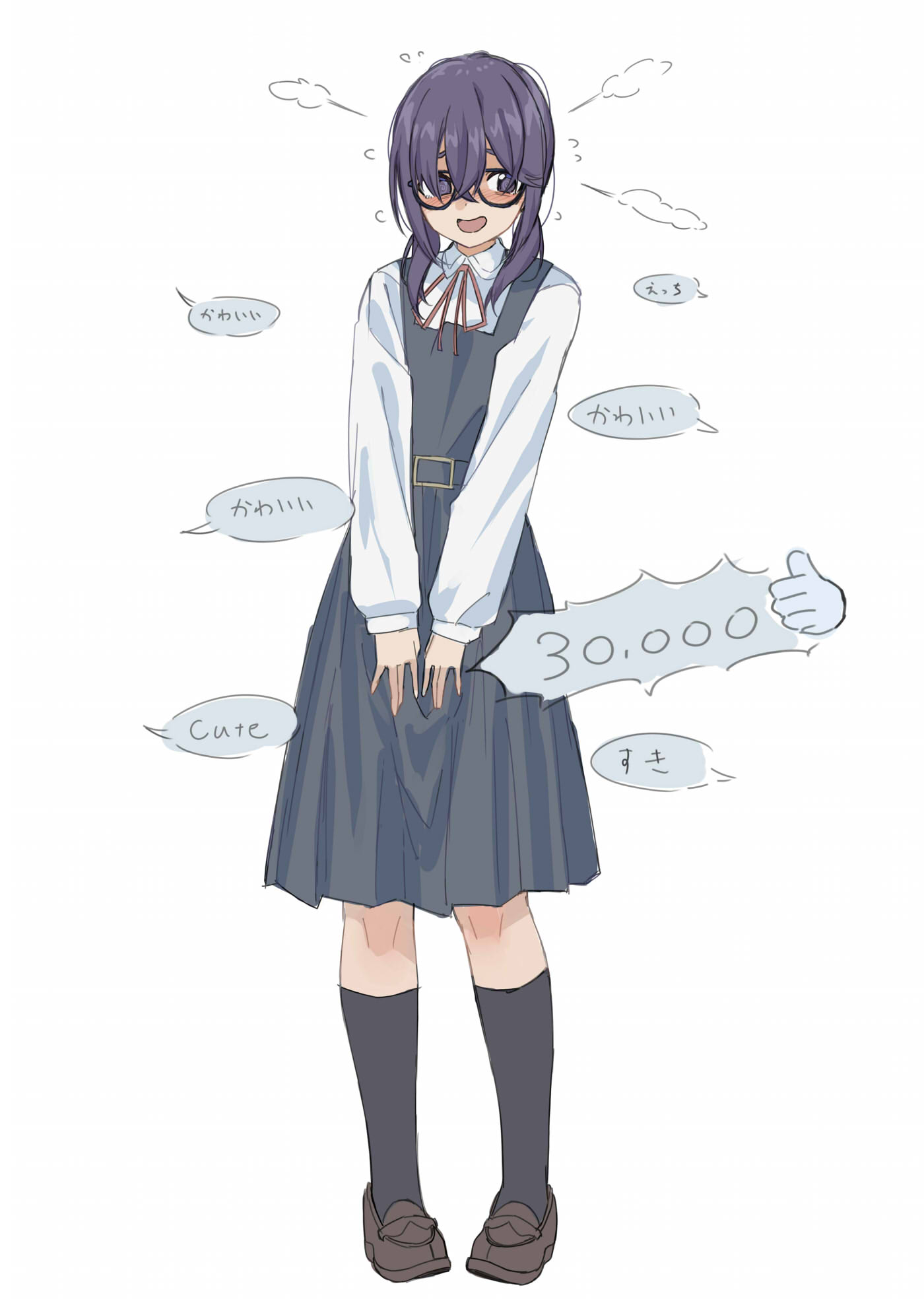 sekira ame, original, highres, translation request, 1girl, :d, black-framed eyewear, black socks, brown shoes, collared shirt, disembodied hand, dress, eyebrows hidden by hair, flying sweatdrops, full body, glasses, grey dress, hair over shoulder, jimiko, kneehighs, loafers, long hair, long sleeves, low twintails, neck ribbon, nervous smile, open mouth, pinafore dress, pleated dress, puffy long sleeves, puffy sleeves, purple eyes, purple hair, red ribbon, ribbon, school uniform, semi-rimless eyewear, shirt, shoes, simple background, sleeveless, sleeveless dress, smile, socks, solo, standing, thick eyebrows, thumbs up, twintails, under-rim eyewear, white background, white shirt