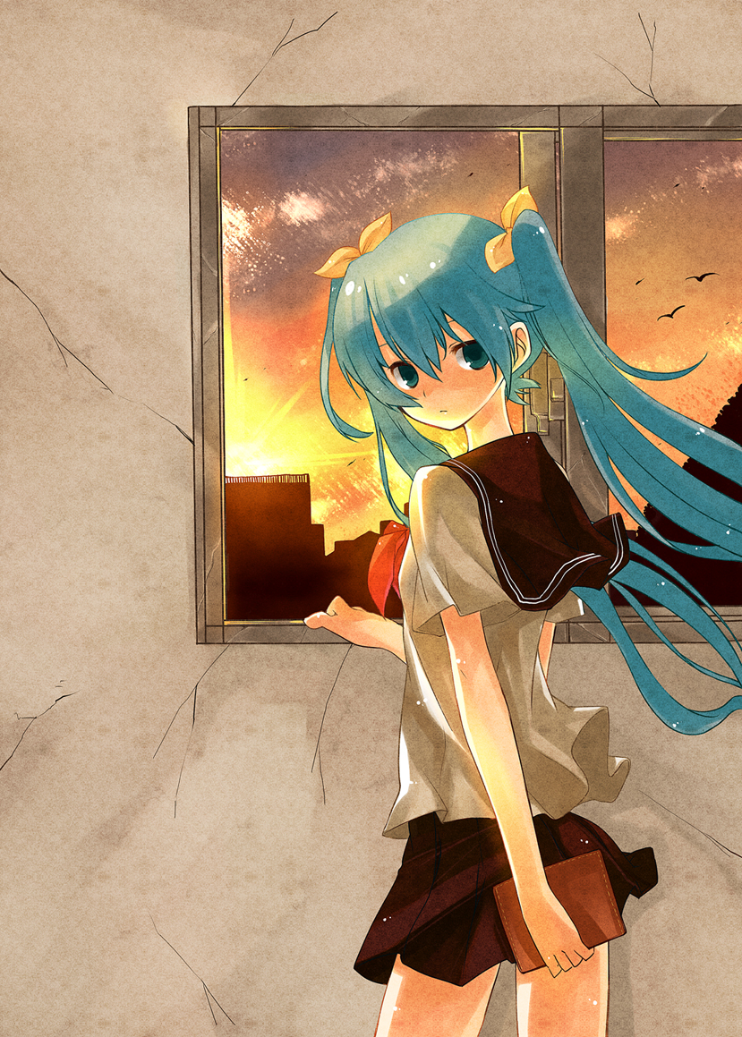 senri gan, gan, hatsune miku, vocaloid, bad id, bad pixiv id, 1girl, aqua eyes, aqua hair, book, female focus, hair ribbon, long hair, looking back, ribbon, school uniform, serafuku, skirt, solo, sunset, twintails, window