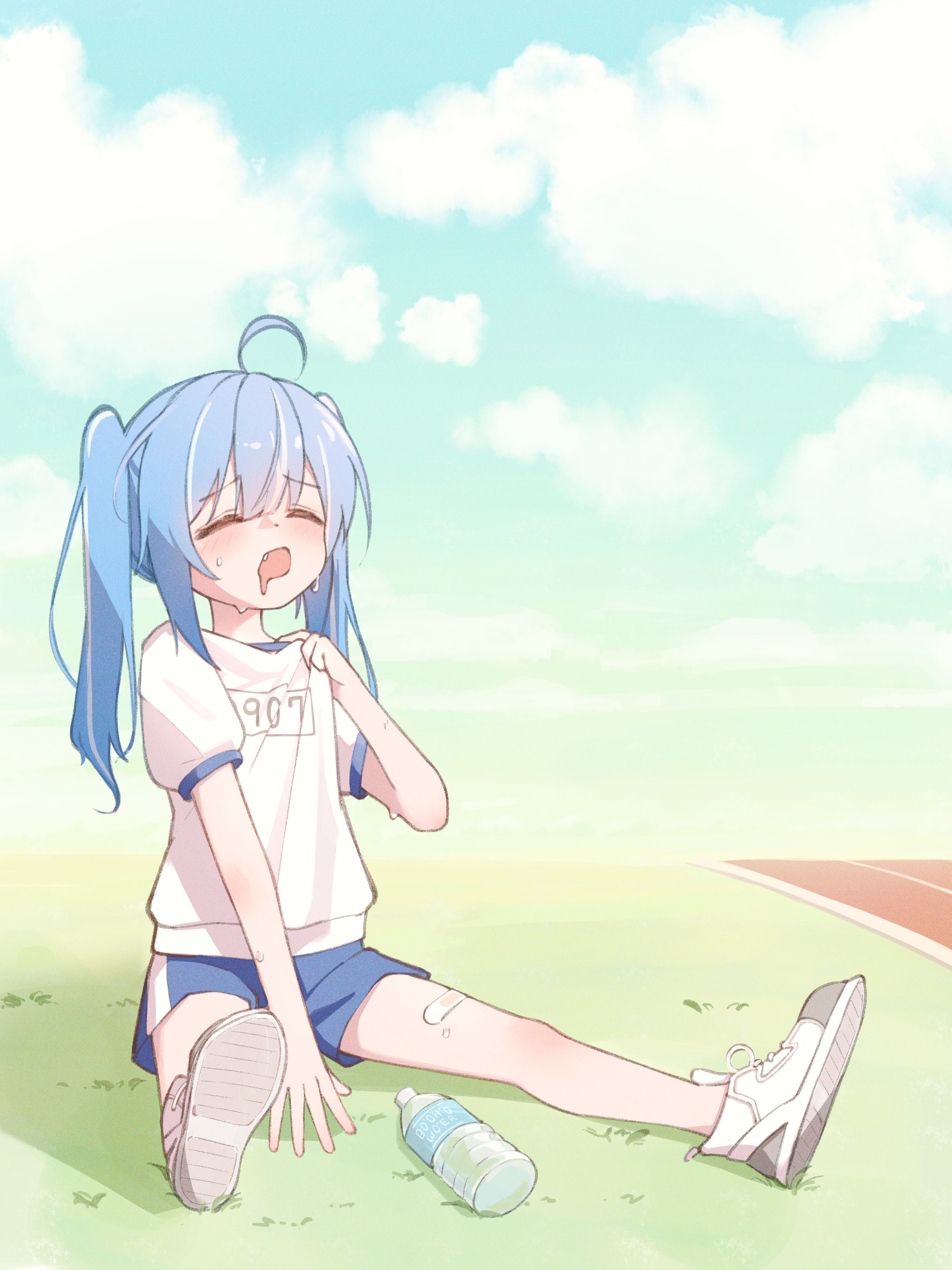 electromocha, arahashi tabi, stellive, absurdres, commentary request, highres, korean commentary, 1girl, ahoge, bandaid on thigh, blue hair, blue shorts, bottle, center-flap bangs, day, full body, gym shirt, gym shorts, gym uniform, hot, long hair, multicolored hair, open mouth, outdoors, raised inner eyebrows, shirt, shoes, short sleeves, shorts, sitting, sky, sneakers, solo, streaked hair, sweat, twintails, virtual youtuber, water bottle, white shirt
