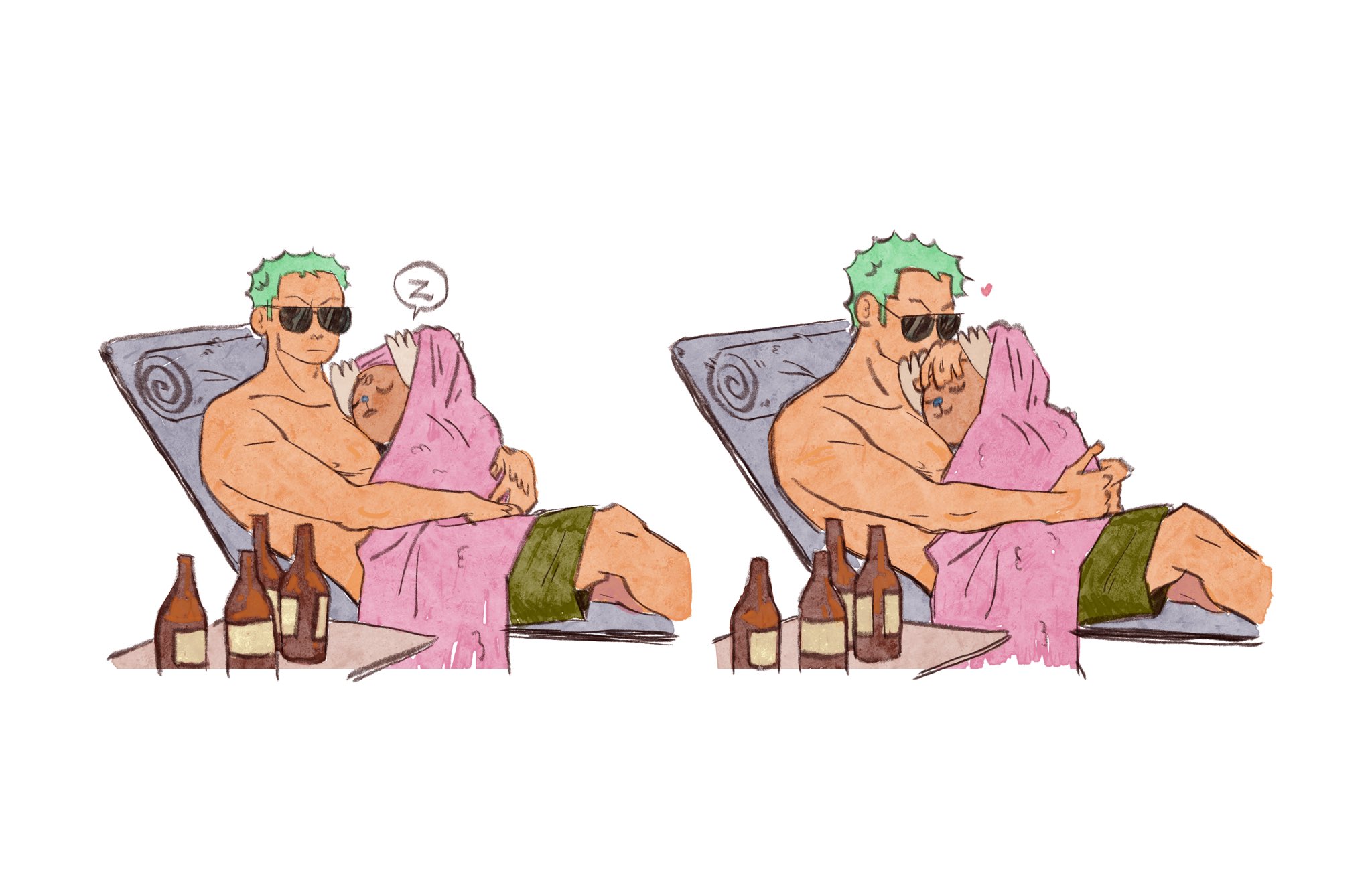 0000alisa, roronoa zoro, tony tony chopper, one piece, commentary, english commentary, highres, 2boys, antlers, blue nose, bottle, green hair, green shorts, heart, horns, multiple boys, reindeer antlers, short hair, shorts, sideburns, sleeping, sunglasses, topless male, towel
