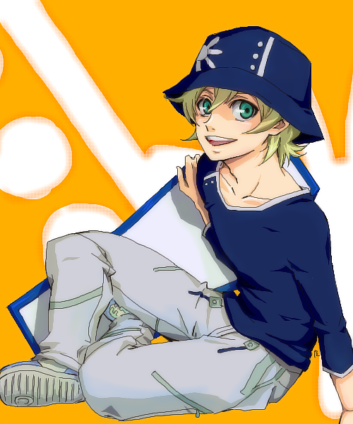 moondoggie, eureka seven, eureka seven (series), 00s, 1boy, blonde hair, green eyes, hat, looking at viewer, male focus, oekaki, simple background, sitting, smile, solo, yellow background
