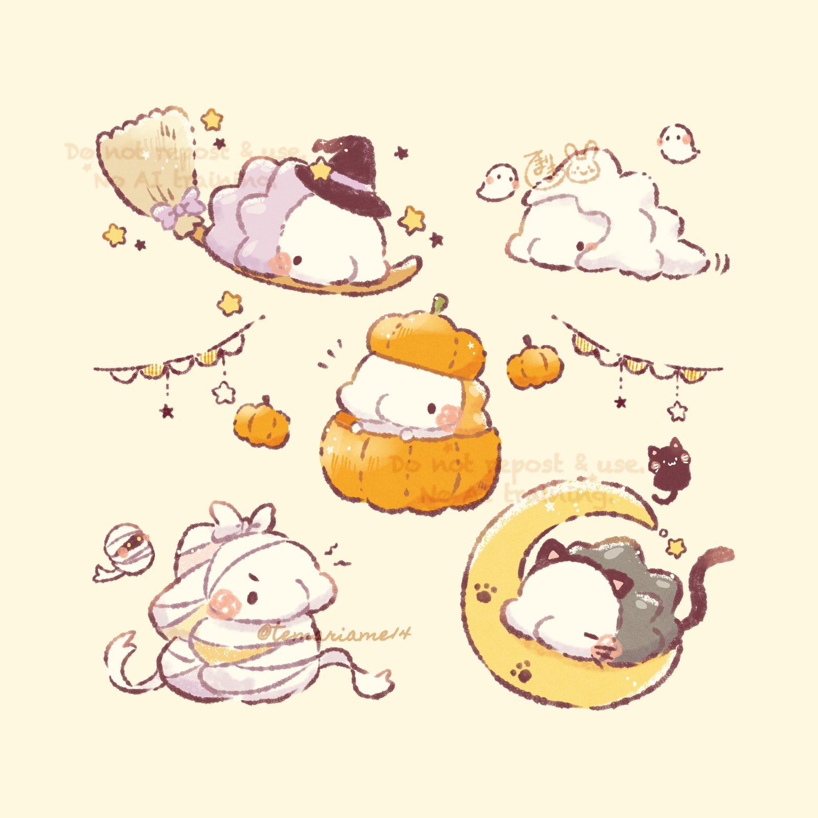 temariame14, snom, nintendo, pokemon, commentary request, highres, black eyes, blush, broom, cat, gen 8 pokemon, ghost, halloween, halloween costume, hat, mummy, no humans, pokemon (creature), pumpkin, simple background, witch hat, yellow background