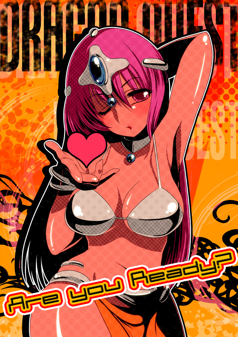 108 gou, slice slime (artist), manya (dq4), chunsoft, dragon quest, dragon quest iv, enix, 1girl, armpits, bikini, bikini top only, blush, bracelet, breasts, circlet, cleavage, collar, dark-skinned female, dark skin, english text, female focus, heart, jewelry, loincloth, long hair, pelvic curtain, pink eyes, pink hair, purple eyes, purple hair, solo, swimsuit