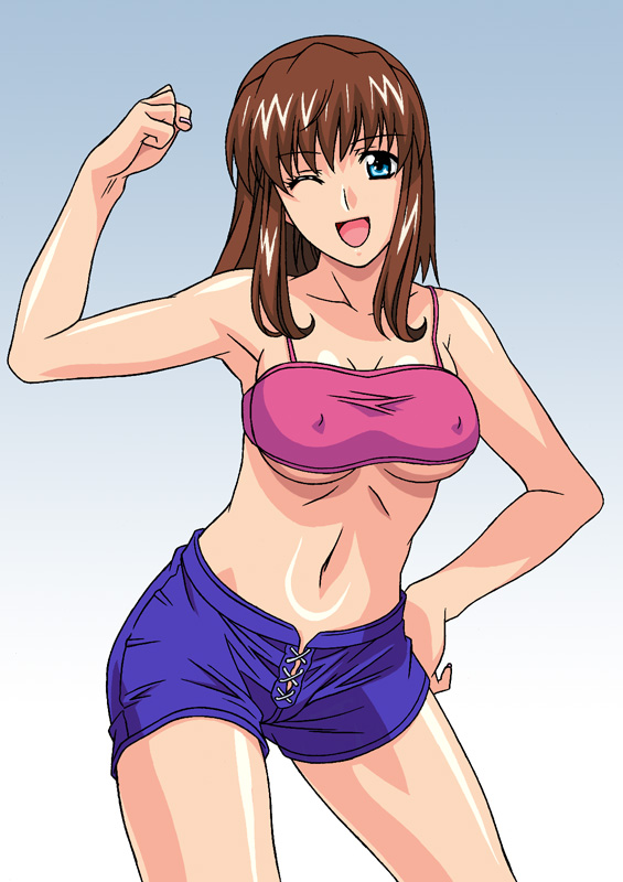 rudoni, hitomi (doa), dead or alive, tecmo, 1girl, armpits, bare shoulders, blue eyes, breasts, brown hair, covered erect nipples, female focus, hairband, long hair, midriff, one eye closed, oppai oppai, shorts, solo, underboob, wink