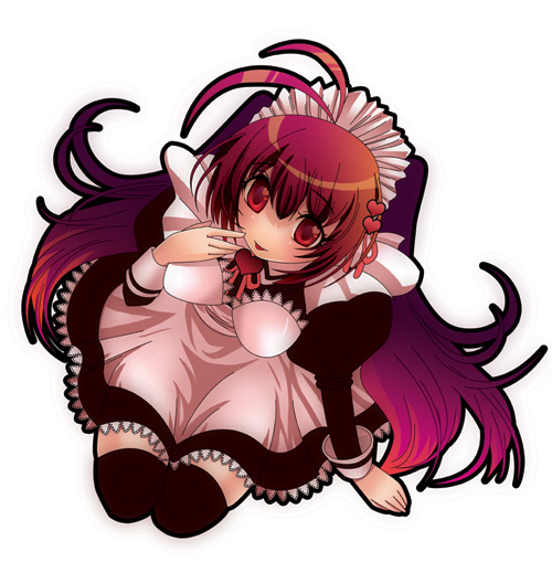 108 gou, slice slime (artist), original, 1girl, :p, ahoge, blush, breasts, female focus, from above, heart, large breasts, long hair, maid, maid headdress, multicolored hair, red eyes, ribbon, solo, thighhighs, tongue, tongue out, two-tone hair, very long hair, zettai ryouiki