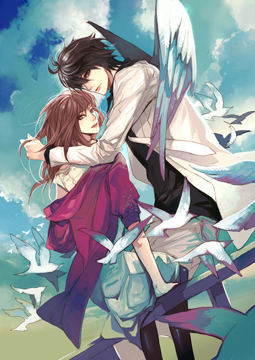 vic-mon, vic mon, bad deviantart id, bad id, 1boy, 1girl, bird, brown eyes, brown hair, couple, hetero, long hair, short hair, sky, wings