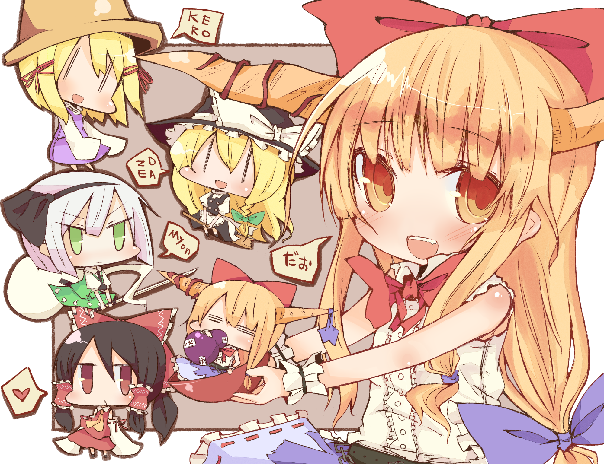 routan, yatani row, hakurei reimu, ibuki suika, kirisame marisa, konpaku youmu, konpaku youmu (ghost), moriya suwako, touhou, silver hair, highres, 6+girls, :<, :d, = =, annoyed, black hair, blonde hair, blush, bow, broom, broom riding, chibi, detached sleeves, drinking, dual persona, female focus, full body, gourd, green eyes, hair bow, hair ribbon, hat, heart, hitodama, horns, katana, long hair, looking at viewer, mini person, minigirl, multiple girls, open mouth, orange eyes, orange hair, pink hair, red eyes, ribbon, short hair, simple background, smile, spoken heart, standing, sword, upper body, weapon, wrist cuffs, yellow eyes, | |, || ||