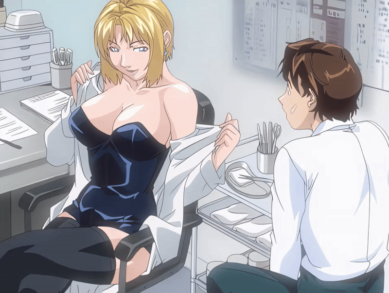 kitami reika, yamanishi naoto, bible black, bible black new testament, shin bible black, animated, animated gif, tagme, 00s, 1boy, 1girl, 2006, age difference, bare shoulders, blonde hair, blue eyes, breasts, brown hair, cleavage, cross, cross earrings, dress, earrings, grin, jewelry, lab coat, large breasts, lipstick, makeup, nurse, off shoulder, older female and younger male, plaster, school nurse, school nurse and student, school uniform, shirt, short hair, smile, witch