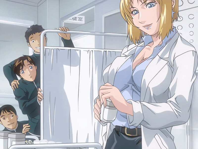 kitami reika, yamanishi naoto, bible black, bible black new testament, shin bible black, animated, animated gif, tagme, 00s, 1girl, 2006, 3boys, age difference, belt, blonde hair, blue eyes, breasts, brown hair, cross, cross earrings, earrings, grin, jewelry, lab coat, large breasts, lipstick, makeup, multiple boys, nurse, older female and younger male, purple eyes, school nurse, school nurse and student, school uniform, shirt, short hair, skirt, smile, witch