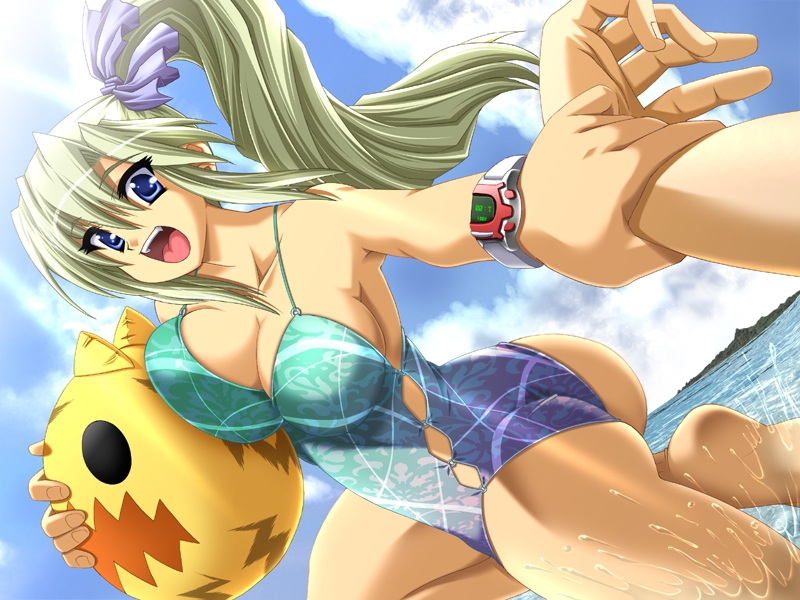 takapiko, mizusawa kiriko, presence, game cg, non-web source, 1girl, ball, beachball, blue eyes, dragging, dutch angle, green hair, long hair, one-piece swimsuit, ponytail, solo focus, splashing, swimsuit, watch, water, wristwatch