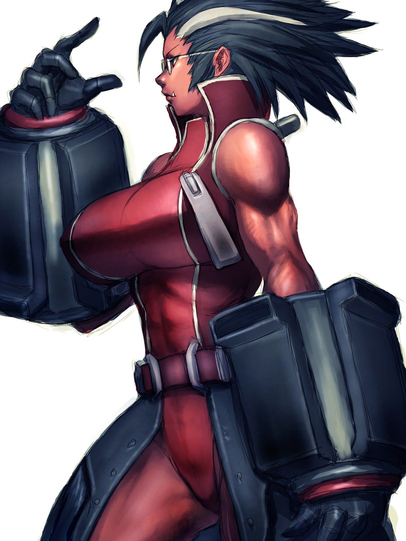 fumio (rsqkr), iron tager, arc system works, blazblue, blazblue: calamity trigger, gender request, 1girl, black hair, breasts, fang, fangs, female focus, genderswap, glasses, gloves, large breasts, muscular, muscular female, solo