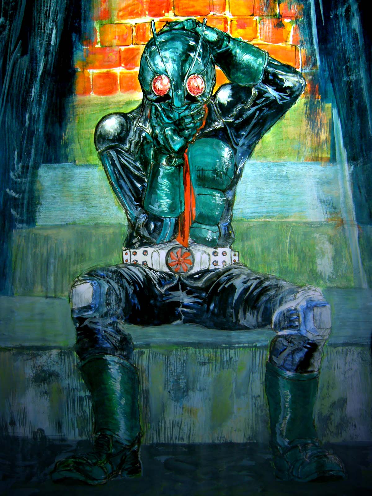 babaan, kamen rider 1, kamen rider, kamen rider the first, highres, traditional media, 1boy, belt, helmet, male focus, scarf, solo