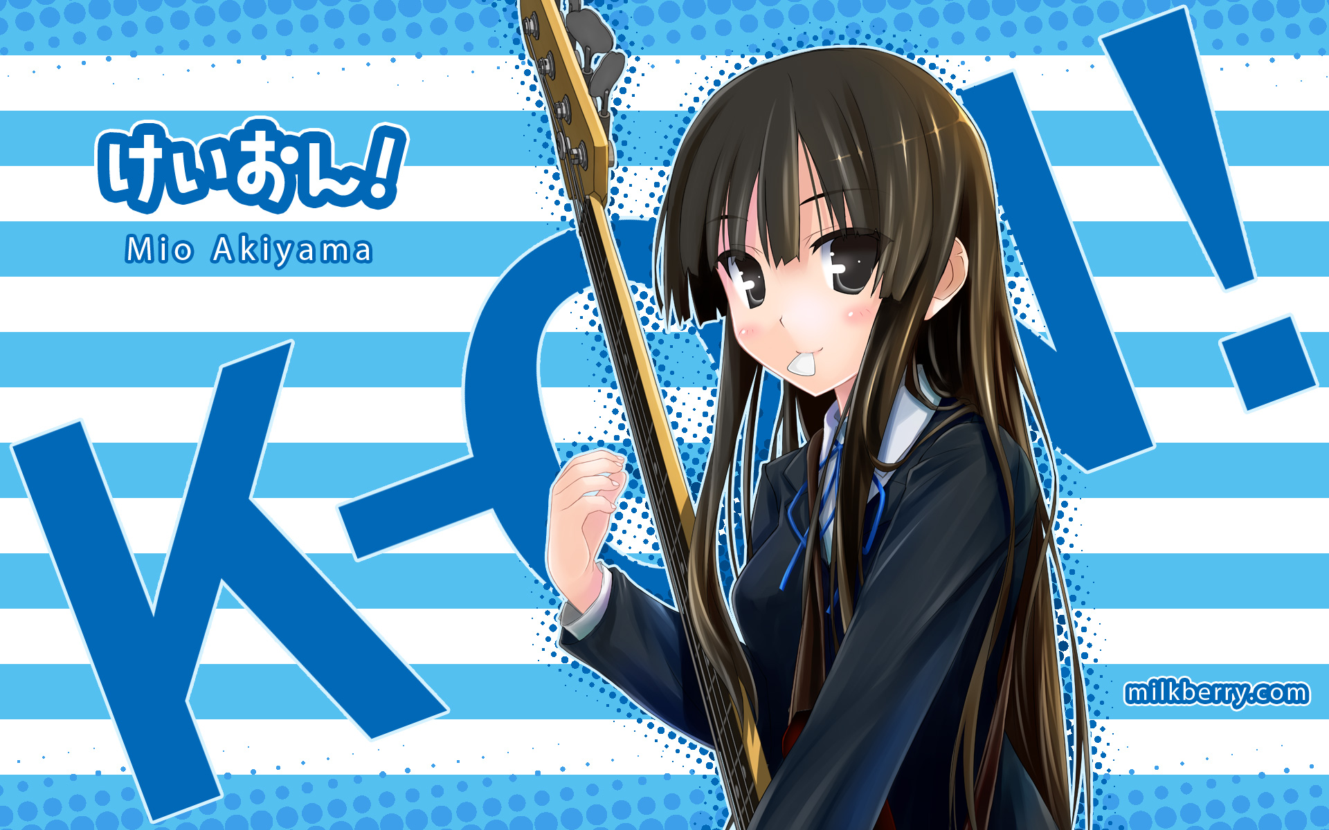 kisaragi miyu, akiyama mio, k-on!, highres, 00s, 1girl, bass guitar, black eyes, black hair, female focus, halftone, halftone background, halftone outline, instrument, long hair, mouth hold, outline, plectrum, school uniform, solo, widescreen wallpaper