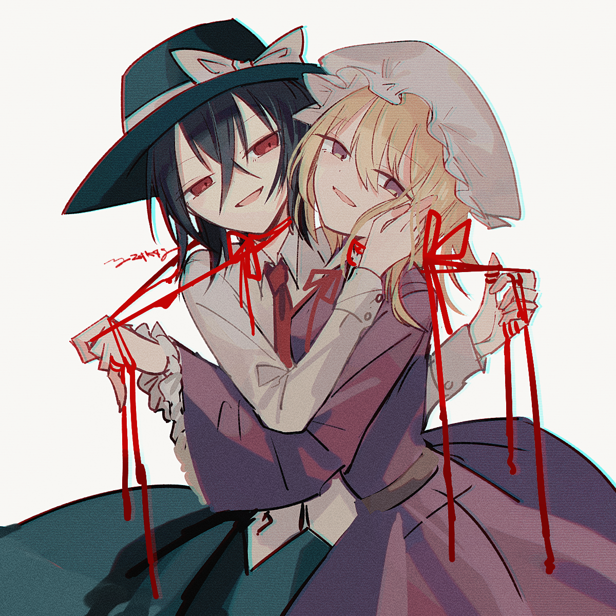 maribel hearn, usami renko, touhou, commentary request, highres, 2girls, black hair, blonde hair, blue skirt, dress, frills, hand on another's cheek, hand on another's face, hat, hug, long sleeves, looking at viewer, medium hair, mob cap, multiple girls, necktie, parted lips, purple dress, purple eyes, red eyes, red necktie, shirt, skirt, smile, string, string around finger, string around neck, string of fate, upper body, white background, white shirt, yatsushiki shigi