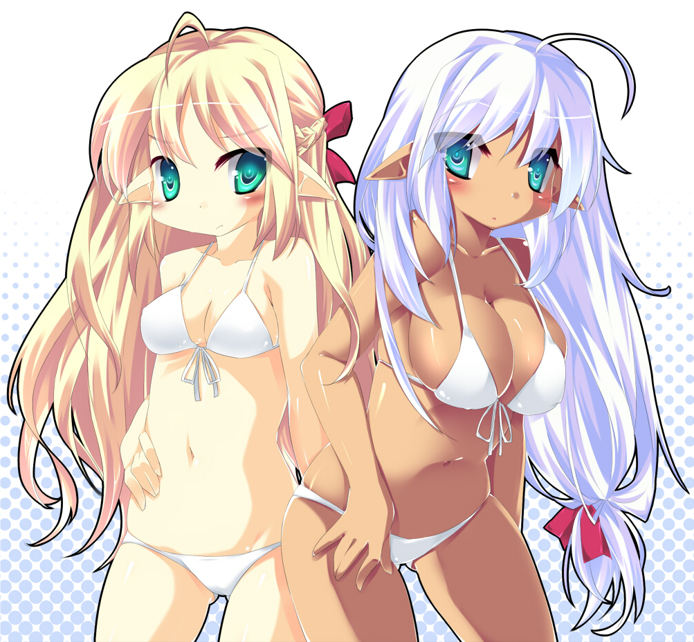 alfred (artist), original, 2girls, bikini, blonde hair, breasts, dark-skinned female, dark skin, elf, green eyes, large breasts, long hair, multiple girls, pointy ears, swimsuit, white hair