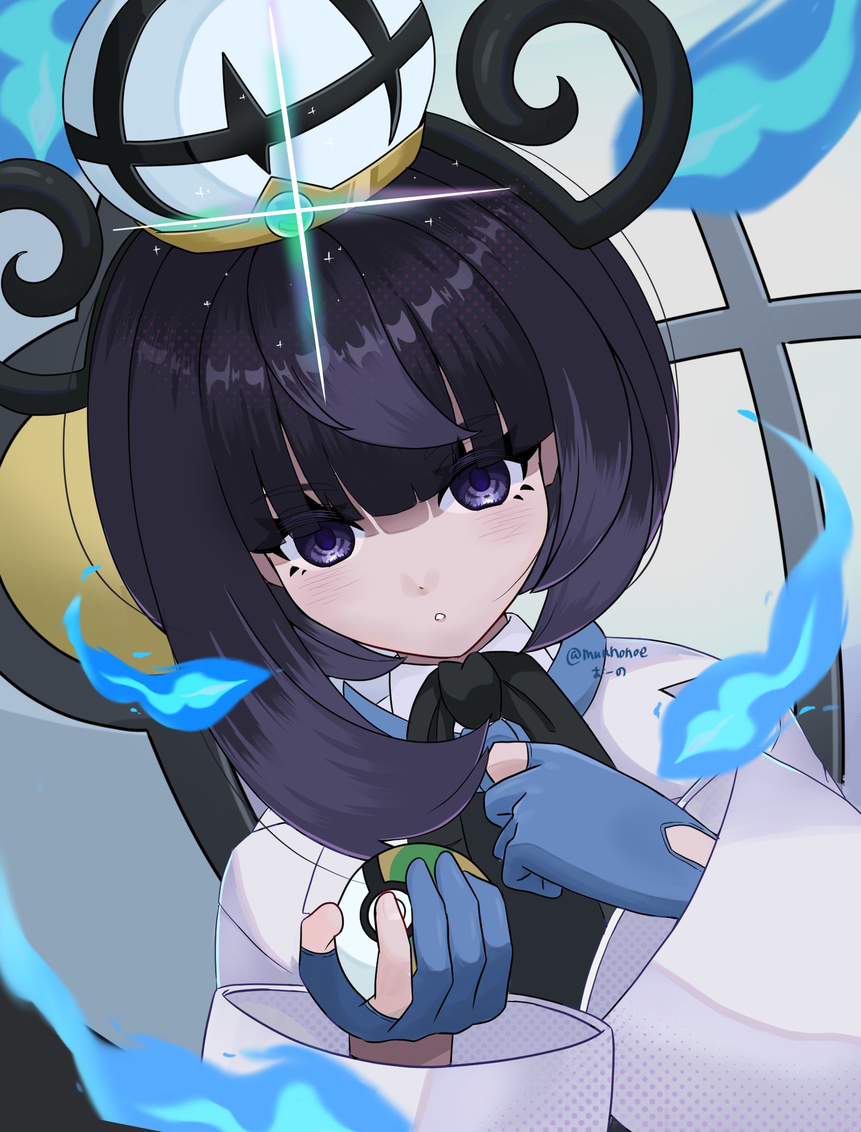 muunonoe, chandelure, gwynn (pokemon), nintendo, pokemon, pokemon legends: z-a, highres, 1girl, black hair, blue fire, blue gloves, blunt bangs, bob cut, coat, fire, gen 5 pokemon, gloves, hat, holding, holding poke ball, long sleeves, mega stone, nest ball, parted lips, partially fingerless gloves, poke ball, pokemon (creature), purple eyes, short hair, twitter username, upper body, white coat, white hat
