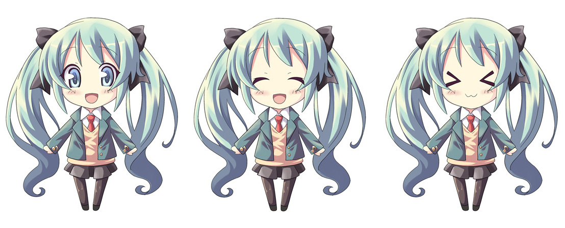 dekosuke, hatsune miku, vocaloid, > <, :3, blazer, blue eyes, chibi, closed eyes, eyes closed, green hair, hair ribbon, long hair, necktie, pantyhose, ribbon, skirt, smile, twintails, x3