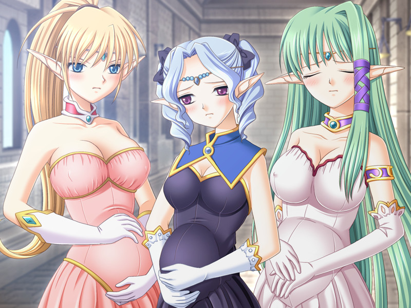 haganemaru, annette (elfin rose), celestine (elfin rose), louise (elfin rose), elfin rose, 3girls, bare shoulders, blonde hair, blue eyes, blue hair, blush, breasts, choker, circlet, cleavage, closed eyes, covered erect nipples, curly hair, dress, drill hair, elbow gloves, elf, frown, gloves, green hair, hair ribbon, large breasts, medium breasts, multiple girls, pointy ears, ponytail, pregnant, purple eyes, ribbon, strapless, strapless dress