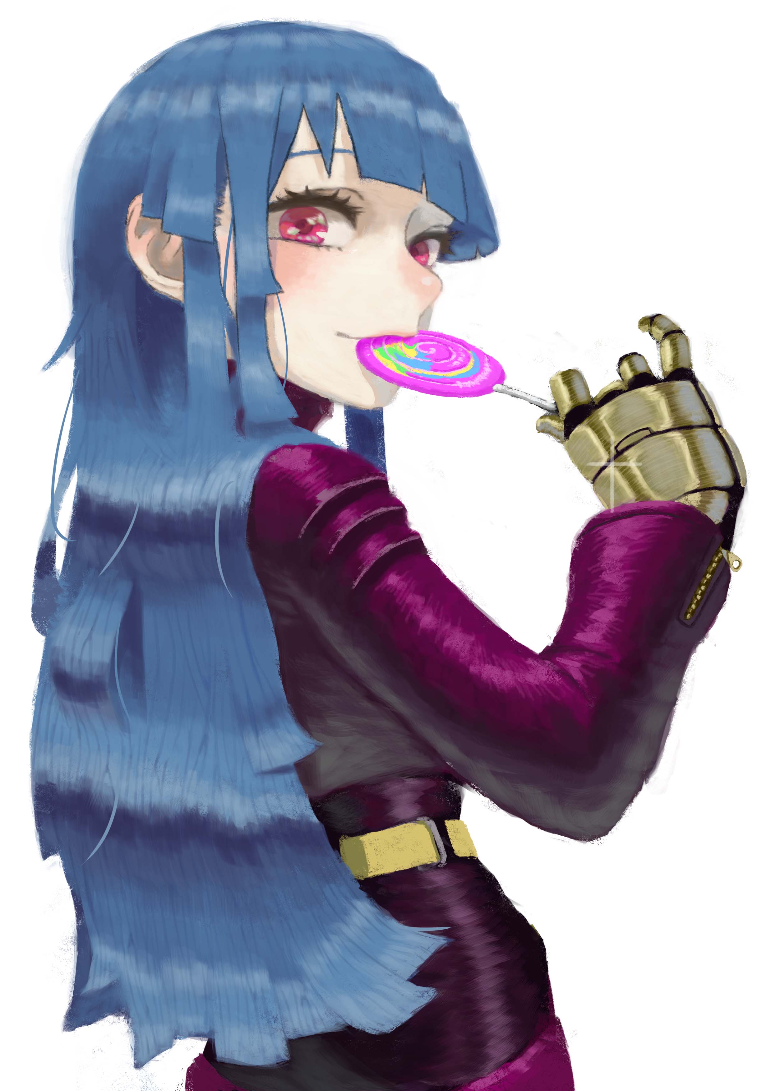 nojob hiro, kula diamond, the king of fighters, absurdres, commentary, highres, 1girl, blue hair, candy, food, gloves, holding, holding candy, holding food, holding lollipop, lollipop, long hair, simple background, solo, white background