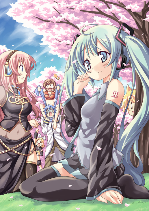 dekosuke, hatsune miku, kagamine len, kagamine rin, kaito (vocaloid), megurine luka, meiko (vocaloid), vocaloid, 2boys, 4girls, aqua hair, blue scarf, cherry blossoms, detached sleeves, hanami, headset, midriff, multiple boys, multiple girls, necktie, scarf, skirt, thighhighs, twintails
