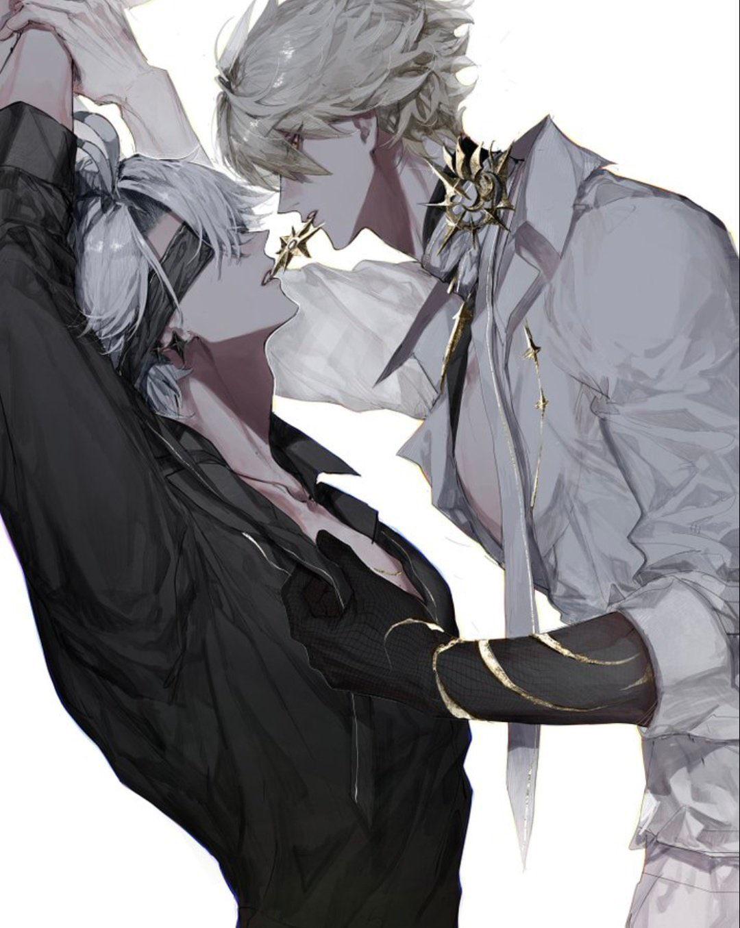 sunset 1830, phainon (fashion) (honkai: star rail), phainon (honkai: star rail), phainon (khaslana) (honkai: star rail), honkai: star rail, honkai (series), highres, jpeg artifacts, third-party source, 2boys, adam's apple, antenna hair, arm up, arms up, bandaged neck, bandages, bdsm, black hands, black shirt, blindfold, blonde hair, clothes grab, collar grab, collarbone, colored extremities, covered eyes, cracked skin, curtained hair, dress shirt, dual persona, earrings, face-to-face, from side, hair between eyes, hand up, held down, holding another's wrist, jewelry, long bangs, looking at another, loose bandages, low ponytail, male focus, mouth hold, multiple boys, muted color, neckwear grab, open clothes, open collar, open shirt, ponytail, profile, restrained, selfcest, shirt, short hair, short ponytail, simple background, stud earrings, three-quarter sleeves, upper body, very short hair, white background, white hair, yaoi