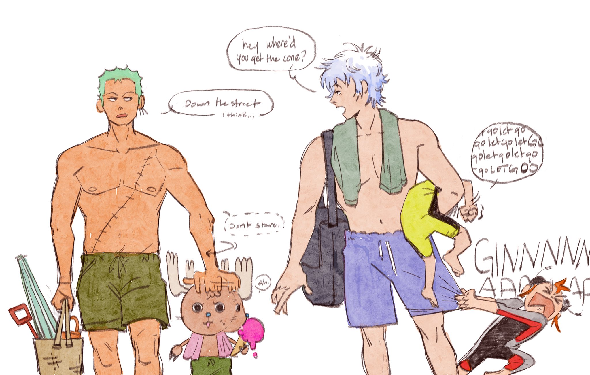 0000alisa, kagura (gintama), roronoa zoro, sakata gintoki, shimura shinpachi, tony tony chopper, gintama, one piece, commentary, english commentary, highres, 1girl, 4boys, antlers, blue shorts, carrying, carrying person, earrings, english text, green hair, green shorts, horns, jewelry, multiple boys, orange hair, reindeer antlers, shorts, simple background, speech bubble, stitched torso, stitches, topless male, white background, white hair