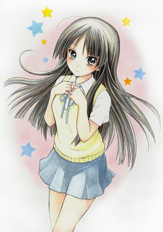 kokkoro (nullcan), akiyama mio, k-on!, traditional media, 00s, 1girl, black eyes, black hair, female focus, gradient background, hime cut, long hair, school uniform, solo