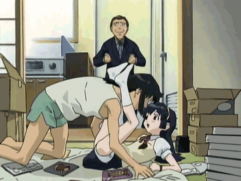 amano misao, shirase akira, battle programmer shirase, animated, animated gif, lowres, 00s, 1girl, 2boys, akizuki, caught, futon, hairband, loli, messy room, multiple boys, panties, underwear, walk-in