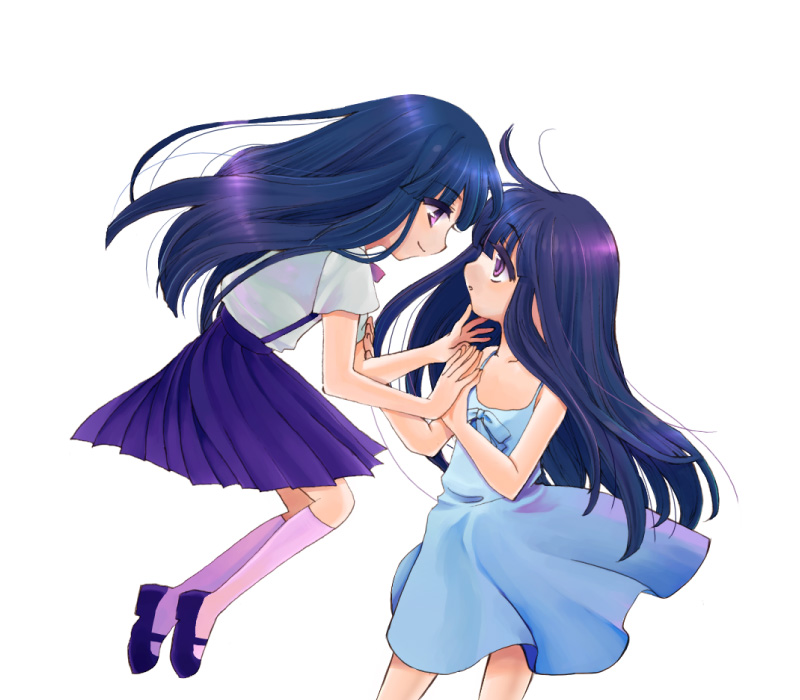 manji (nanakirio), frederica bernkastel, furude rika, higurashi no naku koro ni, bad id, bad pixiv id, 00s, blue eyes, blue hair, dress, dual persona, kneehighs, long hair, mary janes, purple eyes, purple hair, school uniform, shoes, simple background, smile, socks, sundress