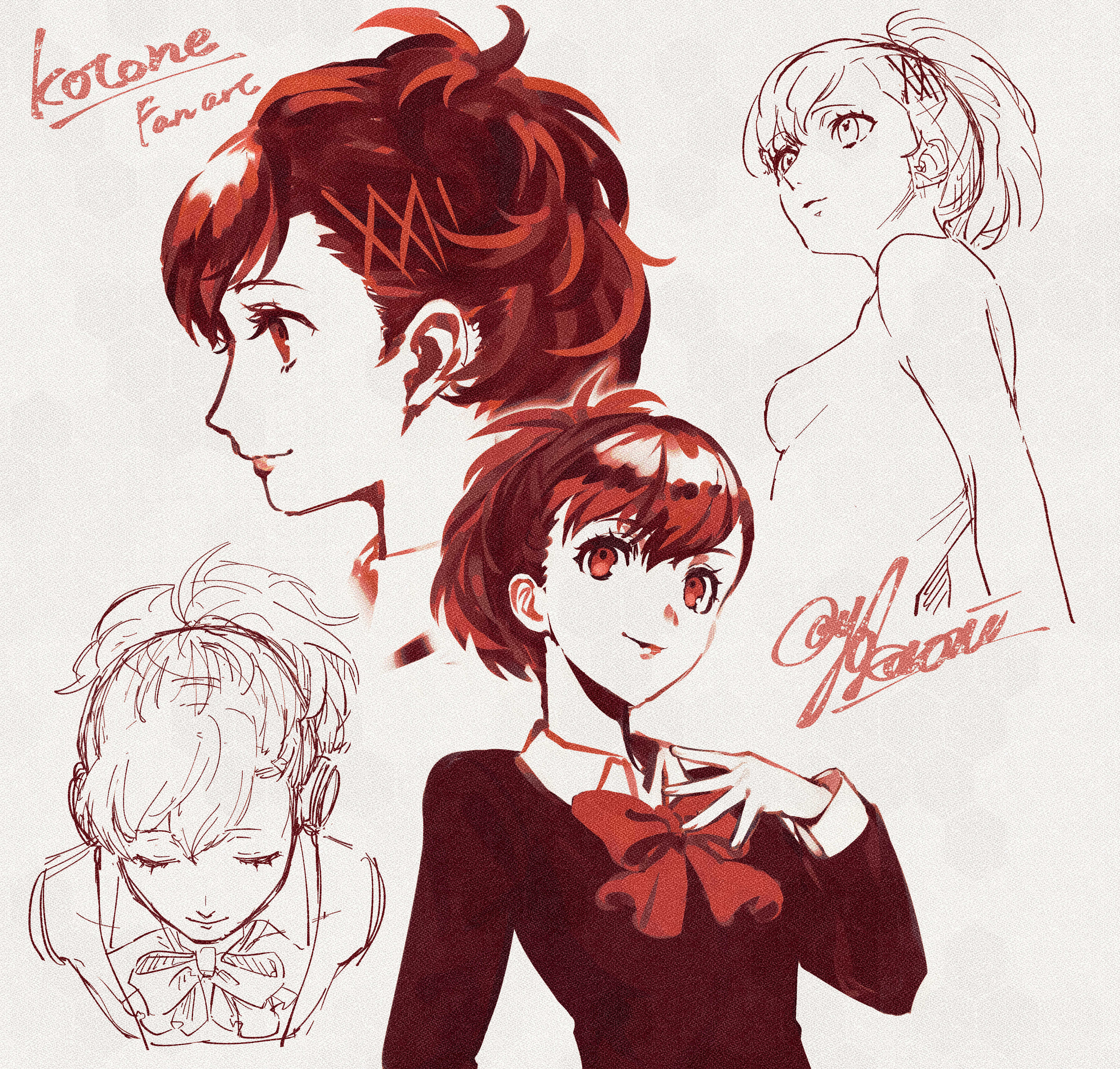 yokaroni, shiomi kotone, persona, persona 3, persona 3 portable, absurdres, commentary request, highres, 1girl, black jacket, bow, bowtie, brown hair, character name, closed mouth, earrings, from side, gekkoukan high school uniform, grey background, hair ornament, hair up, hairclip, jacket, jewelry, long sleeves, multiple views, profile, red bow, red bowtie, red eyes, school uniform, simple background, sketch, upper body