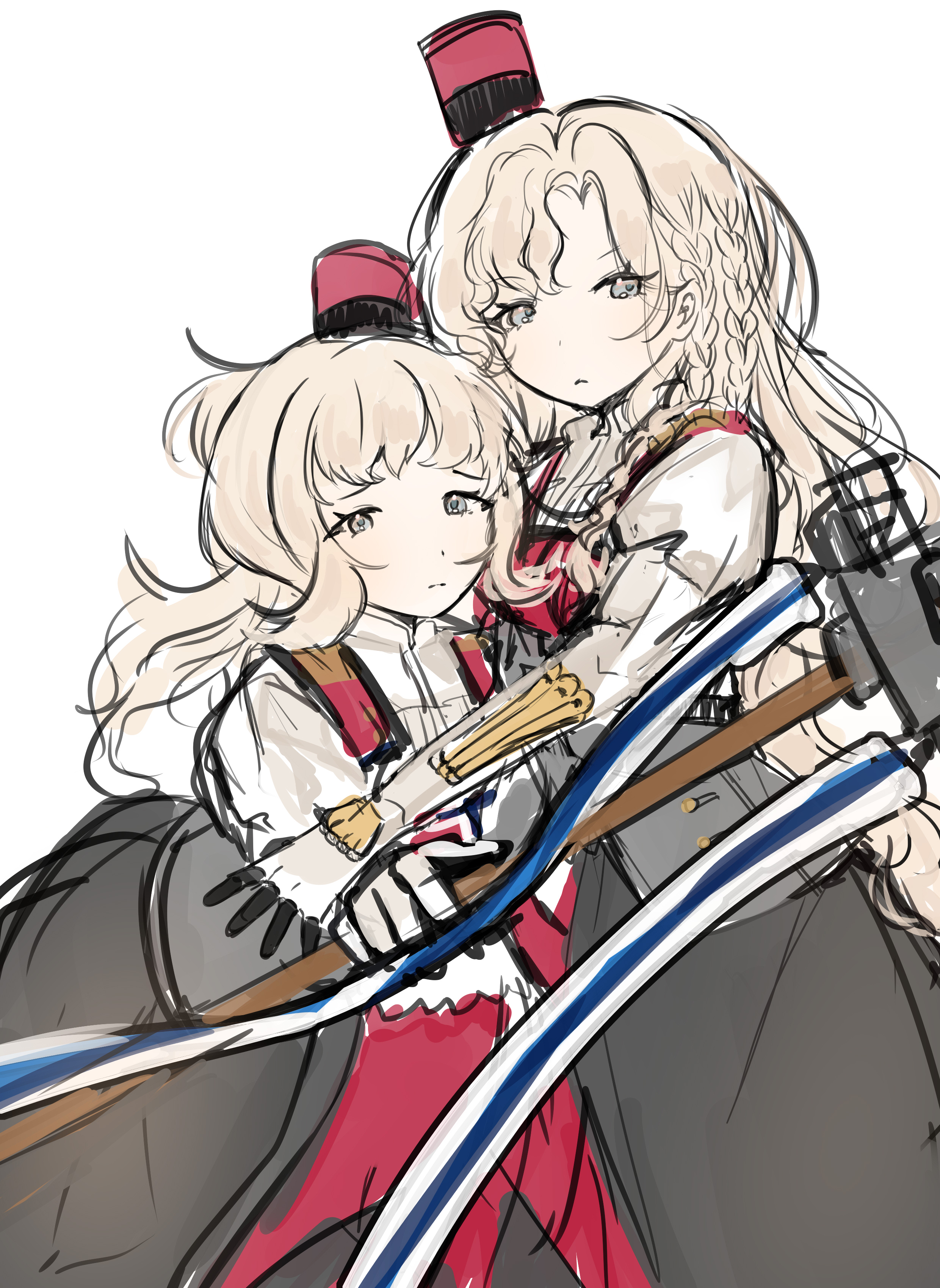 kaomoji (sagor00237), eidsvold (kancolle), norge (kancolle), kantai collection, absurdres, highres, 2girls, black skirt, blonde hair, gloves, grey eyes, hat, mast, multiple girls, red hat, ribbon, skirt, white gloves