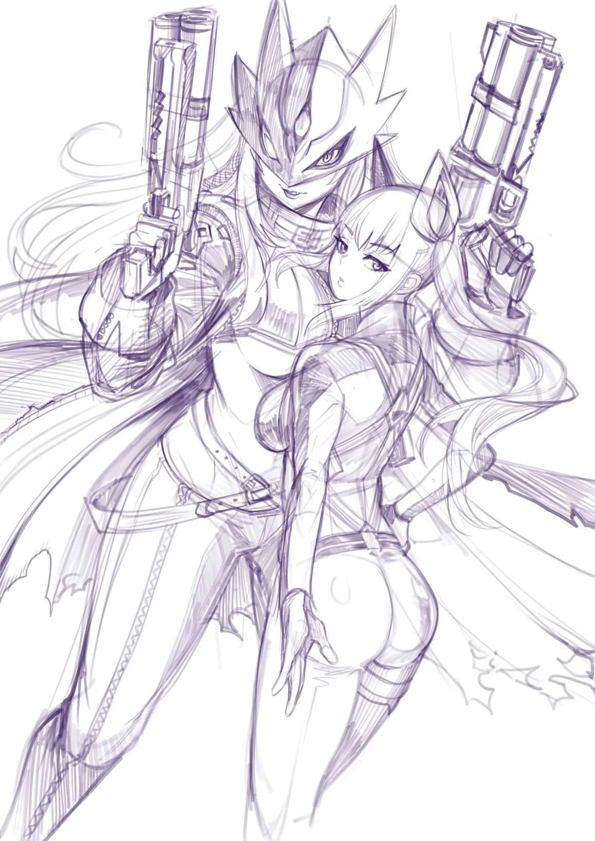 ravenhart, beelstarmon, shiroki asuna, digimon, digimon story: time stranger, highres, belt, black coat, black gloves, black mask, black pants, blonde hair, blue mask, breasts, coat, cropped vest, derringer, digimon (creature), eye mask, gloves, gun, handgun, holding, holding weapon, jacket, large breasts, leather, leather jacket, leather pants, long hair, mask, multiple-barrel gun, navel, pants, simple background, sketch, third eye, tight clothes, tight pants, underboob, vest, weapon, yuri