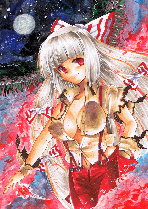 kidanieru, fujiwara no mokou, touhou, silver hair, bad id, bad pixiv id, colored pencil (medium), marker (medium), painting (medium), traditional media, watercolor (medium), 1girl, bow, breasts, female focus, fire, gradient background, hair ribbon, long hair, moon, nature, open clothes, open shirt, outdoors, plant, red eyes, ribbon, shirt, sky, solo, suspenders