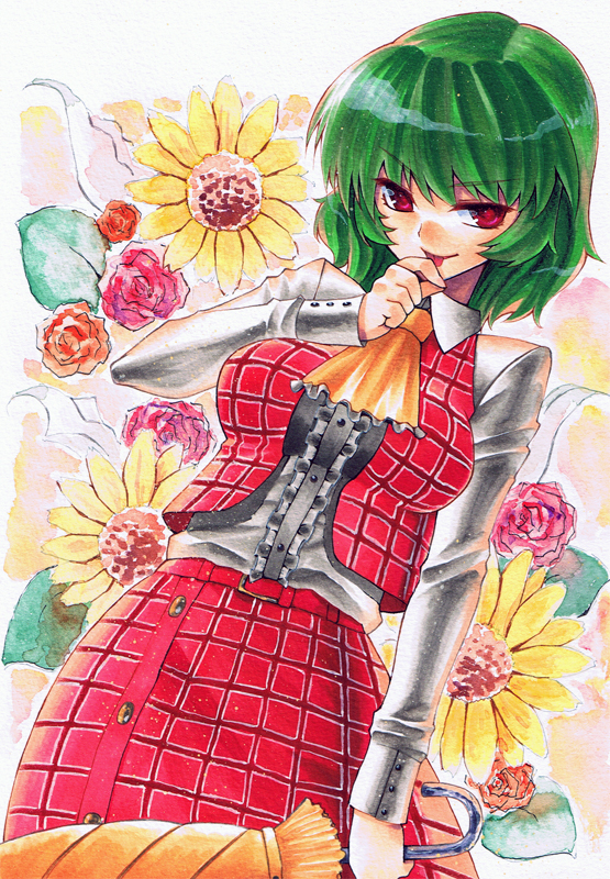 kidanieru, kazami yuuka, touhou, bad id, bad pixiv id, colored pencil (medium), marker (medium), painting (medium), traditional media, watercolor (medium), 1girl, ascot, closed umbrella, female focus, flower, green hair, licking, licking finger, looking at viewer, plaid clothes, plaid skirt, plaid vest, red eyes, short hair, skirt, skirt set, smirk, solo, sunflower, umbrella, vest