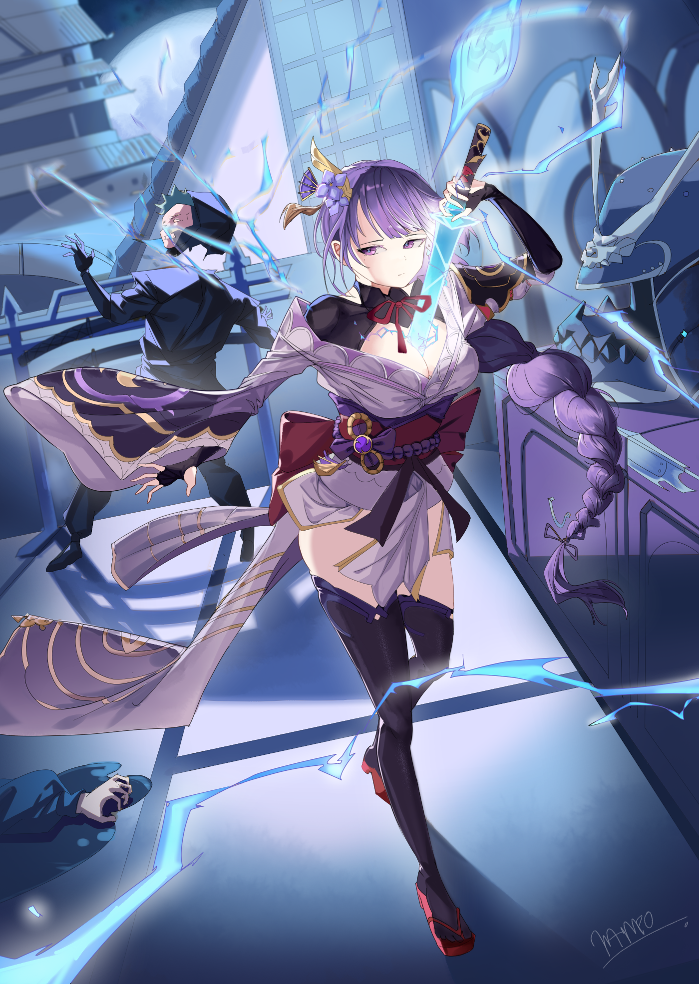 hampo1219, raiden shogun, genshin impact, commentary request, highres, 1girl, 2boys, arm up, artist name, back bow, black thighhighs, blue background, blue pupils, blunt bangs, bow, braid, breasts, bridal gauntlets, cleavage, clothing cutout, death, defeat, electricity, fan hair ornament, flower, flower ornament, full body, glowing, glowing sword, glowing weapon, hair flowing over, hair ornament, holding, holding sword, holding weapon, huge breasts, indoors, japanese clothes, kimono, long braid, long hair, looking to the side, mole, mole under eye, multicolored eyes, multiple boys, neck ribbon, off shoulder, purple eyes, purple flower, purple hair, purple kimono, red ribbon, red sash, ribbon, sash, shade, shoulder cutout, signature, single braid, solo focus, standing, sword, thighhighs, thighs, walking, weapon, wide sleeves