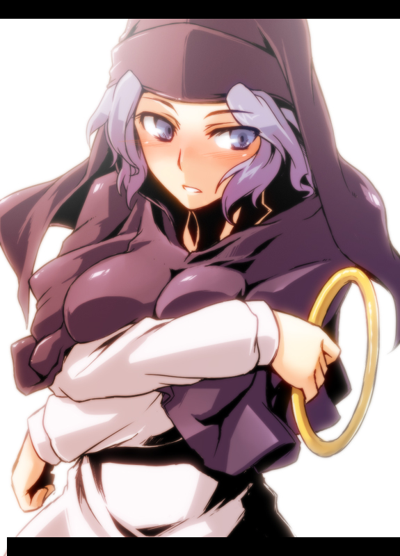 tsukinami, tsukinami kousuke, kumoi ichirin, touhou, artist request, 1girl, blue eyes, blue hair, breasts, dress, female focus, hood, impossible clothes, impossible shirt, jewelry, matching hair/eyes, ring, shirt, solo, white background