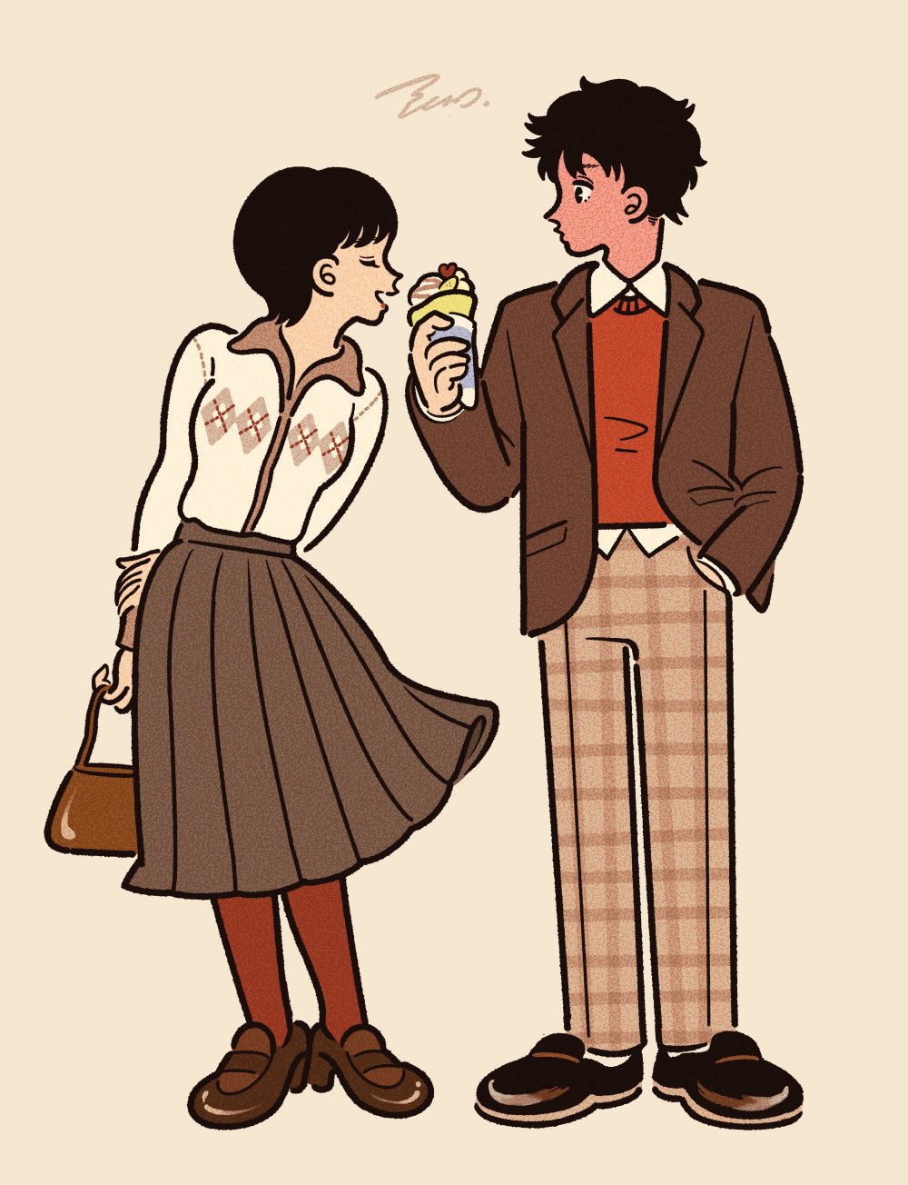 3kaku illust, original, commentary, highres, 1girl, bag, black eyes, black hair, black shoes, blazer, brown bag, brown jacket, brown pantyhose, brown shoes, brown skirt, closed eyes, collared shirt, collared sweater, crepe, food, full body, hand in pocket, handbag, holding, holding bag, holding crepe, holding food, jacket, long sleeves, looking at another, open mouth, orange sweater, pants, pantyhose, pleated pants, pleated skirt, shirt, shoes, short hair, signature, simple background, skirt, socks, sweater